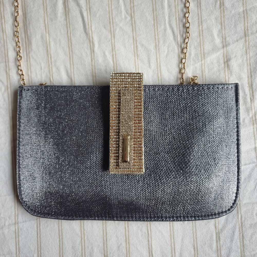 Iridescent Gray Shift Shimmer Evening Clutch Shoulder Bag 2-in-1 Gold Chain